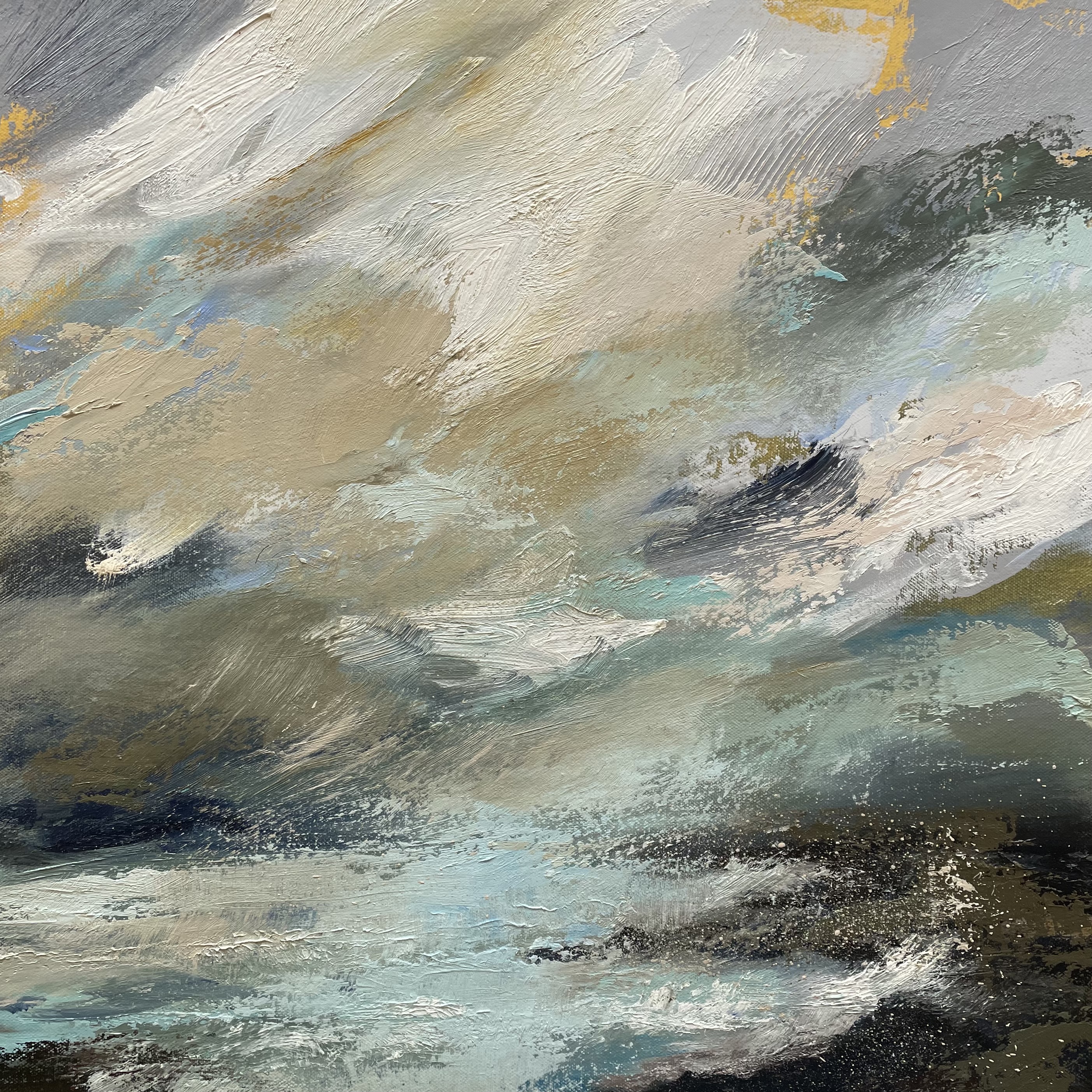 Cornish Surf, oil on canvas. 52 x 52 x 3 cm framed in a wood tray frame